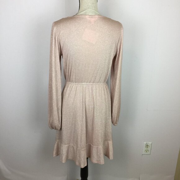 New! LC Lauren Conrad Wrap Dress S Woman Pink Metallic Knit Long Sleeve Ruffle - Picture 3 of 15